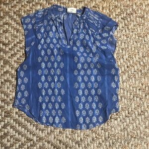 Maeve Anthropologie Womens Blue Printed V-Neck Cap Sleeve Blouse Top